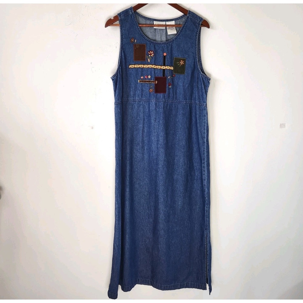 Vintage 90s Denim Maxi Dress L Floral Embroidered Patchwork Boho Grandmacore